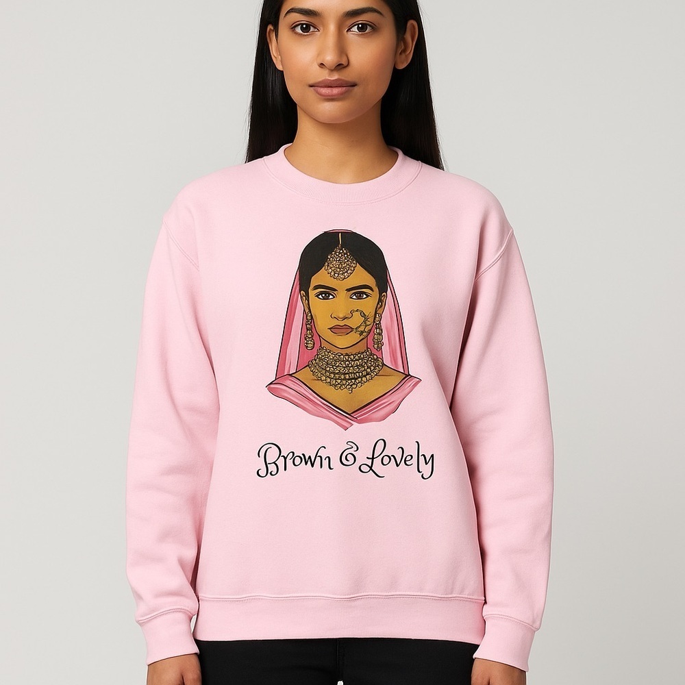 Pink “Brown & Lovely / Zero Sharam” South Asian Graphic Crewneck Sweatshirt – M